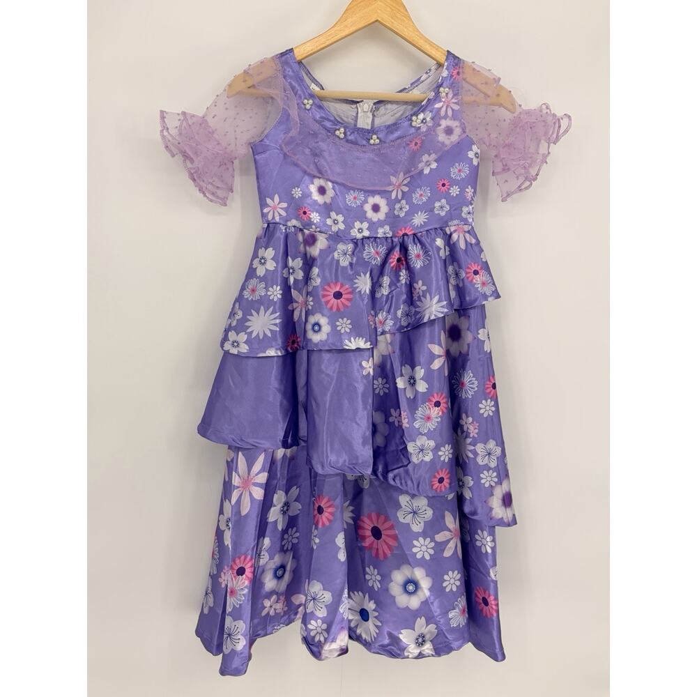 Girls Disney Encanto Mirabel Inspired Purple Floral Dress Sheer Sleeve Size 7/8